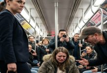 Subí al tren abarrotado con una mano sobre mi vientre, intentando respirar entre la barriga y las miradas clavadas en mí. Nadie se movió. Nadie me cedió el asiento. Entonces un hombre se burló: “Con esa panza grande estás ocupando espacio.” Me quedé helada… hasta que una mujer pasó empujando y me pisó el pie con tanta fuerza que caí de rodillas. Se oyeron jadeos… risitas… y de pronto una voz se volvió cortante: “Espera… ¿saben quién es ella?” De inmediato, todo el vagón quedó en silencio…