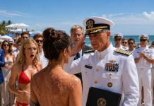 “My sister ripped my shirt open on a luxury beach in front of Navy officers and laughed at the scars covering my back. My father stood there in silence while everyone stared at me like I was broken. For five years, they treated me like a disgraced failure who disappeared from the military in shame. But seconds later, an Admiral walked across the sand, looked directly at my scars, and saluted me with words that made the entire beach fall silent: ‘I’ve been looking for you for five years.’”