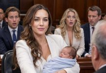 I walked into court holding my newborn son while my husband’s lawyer smiled like I was already defeated. He thought the red folder in my hand was a plea for mercy. But when I placed it before the judge and said, “Your Honor, this baby is not the reason I’m asking for protection — he is the proof,” my husband’s face went white, because every lie he buried was inside that folder.