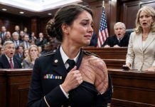 They called me a liar in front of a packed courtroom, and my own mother made sure everyone believed it. With one hand on the Bible, she looked the judge in the eye and said, “She was never a soldier. She faked the scars, the medals, all of it.” The room turned cold as every face shifted toward me with disgust. Then the courtroom doors opened, and the man stepping inside made my mother’s smile vanish.
