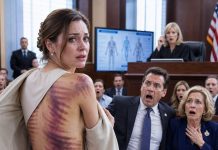 During the divorce trial, my husband scoffed, “She’s so clumsy, always falling over.” My mother-in-law nodded, feigning sympathy. I stood up, gently pulling back my outer garment to reveal old bruises running down my ribs. The forensic pathologist said they perfectly matched the spacing of the fingers of the person who had choked me. Then my lawyer played the recording of the night they held me down on the floor.