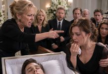 At my husband’s funeral, my mother-in-law looked me straight in the eye and coldly said, “It’s better for him to die now than to live with the humiliation she brought upon him.” Relatives nodded and whispered in agreement. Before I could reply, I saw my husband’s fingers move inside the open coffin – our secret signal to keep quiet. A few seconds later, he sat up, the police stormed into the chapel, and my mother-in-law was handcuffed and led away.