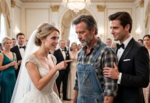 The ballroom went dead silent as Vanessa pointed her manicured finger at my stained overalls. “Oh look, the handyman is here,” she scoffed, her laugh echoing like shattering glass. I took a step forward, my blood boiling, but my son’s hand gripped my shoulder. “Dad, stay calm…” he whispered, a terrifyingly cold smile spreading across his face. Little did she know, the “handyman” she just humiliated was about to evict her family from this very castle before midnight.