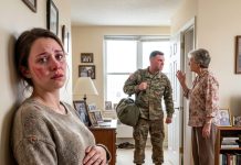 I was seven months pregnant when my mother-in-law slapped me so hard I crashed into the wall. “You’re nothing but a gold digger living off my son’s military paycheck!” she screamed while my sister-in-law emptied my wallet. I thought that was the worst moment of my life—until the front door suddenly opened. My husband, who wasn’t supposed to return from deployment for another four months, stood there staring at the red handprint on my face…