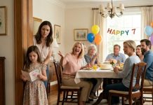 My seven-year-old daughter was carrying a birthday card when my mother-in-law pushed her out of the dining room. “The family table is for his real children,” she said. My little girl lowered her head and walked away. Then my husband stepped into the room and asked, “Why is my daughter crying?” Minutes later, he said something in front of everyone that turned his parents pale—and changed the family forever.