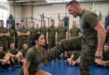 The sergeant’s boot crashed into my ribs, and the whole gym went silent. I rose slowly, wiping blood from my lip. “Get up, recruit!” he barked. I looked him dead in the eyes and said calmly, “I’m a Navy SEAL.” He laughed—until my first move dropped his balance, and the second made his leg fold wrong. As the recruits gasped, I whispered, “Now ask who sent me here.”