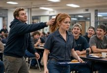 The moment Jake’s hand snapped my ponytail back, the whole chow hall froze. His friends laughed—until my body moved before my anger did. His fork hit the floor a second after his shoulder did. “You little freak,” he gasped, trembling. I looked down at him, calm as a locked trigger. “Next time, ask what a girl survived before you touch her.” But Jake wasn’t my real problem—his father was.