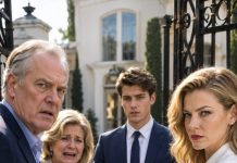 I was sixteen when my parents shoved a suitcase into my hands and said, “You’ve disgraced this family. Don’t ever come back.” Twenty years later, they stood at my mansion gate, demanding, “We have a right to meet our grandson!” I smiled and opened the door. Behind me, a young man in a tailored suit froze when he saw them. “Mom,” he whispered, “are these the people who abandoned us?” Then he revealed why they had really come…