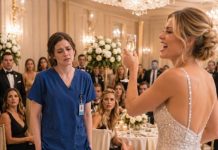 I had spent twelve hours saving strangers before rushing to my stepsister’s glittering wedding dinner in my wrinkled nurse’s uniform. She raised her glass, smiled at the room, and said, “This is Emma, my stepsister—just a useless nurse.” Laughter rippled—until the groom’s father dropped his fork. His face went white. “Wait,” he whispered, staring at me. “You’re the girl who kept my son alive that night…” Then the groom stood up.