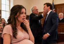 I was nine months pregnant when my husband slid divorce papers across the courtroom table and whispered, “Just sign it, Emily.” My hands shook as the judge waited for my answer. I thought losing my marriage was the worst thing that could happen—until my father-in-law stormed inside, slapped his own son across the face, and shouted, “You’re not the one hiding the biggest lie!” What happened next changed everything.