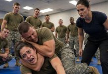 They called it training… until I saw the new girl’s eyes go wide and her hand slap the mat. “She tapped!” someone shouted. But Sergeant Rainer only tightened his grip. My blood went cold. I wasn’t supposed to interfere — not yet. I was a Navy SEAL, and discipline was everything. So when he finally looked at me and smirked, I whispered, “You just made your last mistake.” What happened next silenced the entire annex…