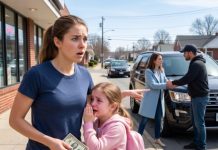 I thought the little girl was selling candy—until she pushed a crumpled five-dollar bill into my hand and whispered, “Please help my mom.” I froze. Her tiny fingers trembled as she pointed toward a black SUV across the street. Then she said the words no child should ever know: “The man with her isn’t my dad… and Mommy told me to run if he smiled.” What I saw next changed everything.