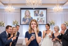 AT MY SISTER’S WEDDING RECEPTION, THE SCREEN LIT UP: “INFERTILE. DIVORCED. FAILURE. HIGH SCHOOL DROPOUT. BROKE. ALONE.” THE ROOM ERUPTED IN LAUGHTER. MY SISTER SMIRKED: “DON’T LAUGH TOO HARD, SHE MIGHT ACTUALLY CRY!” MOM SWIRLED HER WINE. DAD SMILED: “JUST A JOKE, SWEETHEART.” I REACHED FOR MY PHONE, THEN TYPED 1 WORD: “BEGIN.” THE ROOM WENT DEAD SILENT.