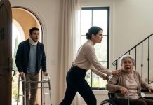 Regresé temprano del viaje de trabajo con la columna destrozada, medio paralizado, arrastrándome por la puerta principal cuando vi lo imposible: mi esposa pateaba a mi madre en silla de ruedas y la hacía caer por las escaleras. —¡Muérete, vieja inútil! ¡Tu hijo está a miles de kilómetros!— gritó, escupiendo sangre sobre su rostro. No grité. Cerré la puerta con calma, tragué analgésicos y escribí al sheriff que me había traído, aún afuera… pero no sabe que esto apenas comienza.