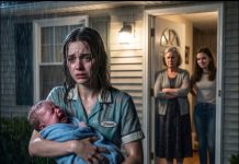 The rain was so loud I almost didn’t hear my baby crying. Then I saw him—soaked, shaking, left on the cold doorstep. My mother’s voice cut through the storm. “That child doesn’t belong in my house.” My sister smirked. “Run, then. Nobody wants you.” I grabbed my son and fled into the darkness… but the headlights came too fast. And when I woke up, he was gone.