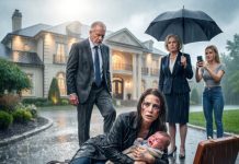 Rain slammed against my face as I lay pinned to the slick driveway, clutching my screaming baby while his boot crashed into my ribs. He threw my cheap suitcase into the mud and sneered, “Good luck surviving on the streets, trash.” But I only smiled through the cold rain. Then I pulled out the mansion deed—under my name alone—and pointed to the eviction notice already taped to the door they were trying to enter.