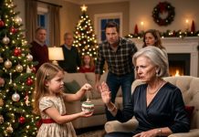 “It’s Christmas, and your illegitimate child is not allowed to call me grandma,” my mother-in-law said as she dropped my six-year-old daughter’s handmade gift onto the floor. The room went silent. My daughter froze, holding back tears. Then my husband stood up slowly and said, “Say that again.” In that moment, I realized this wasn’t just a family argument anymore… it was the beginning of something she would never recover from.