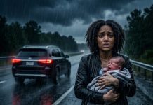 “Get out. Take the baby with you!” My husband’s voice cut through the storm as he shoved me out of the car. Seconds later, his taillights vanished into the freezing rain, leaving me standing alone with my newborn trembling in my arms. I thought that was the lowest moment of my life—until a black BMW stopped beside me. A stranger stepped out, stared at my face, and whispered through tears, “I’ve been searching for you for twenty-five years…” At that moment, everything I believed about my life began to unravel.