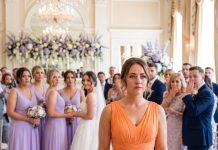 The moment I stepped into the wedding hall, every guest turned to stare. Five bridesmaids wore soft lavender. I stood at the end of the line in screaming orange, three sizes too big. My sister thought I would cry, run, or ruin the ceremony. Instead, I smiled at her and said, “Don’t worry, Natalie. I’m not the one who should be embarrassed today.”