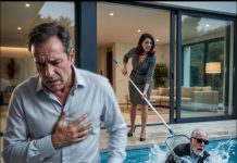 Volvía del vuelo largo cuando, con un infarto apretándome el pecho en el vestíbulo, vi a mi esposa lanzar a mi padre ciego a la piscina helada exterior. —¡Muérete, viejo inútil! —reía ella mientras lo hundía con el recogedor en el agua helada sin la piedad. Pulsé con calma el interruptor general, vacié la piscina y activé la cerca eléctrica, atrapándola en una jaula de hielo fría eterna. Y entonces comprendí que ella ya no saldría de allí.