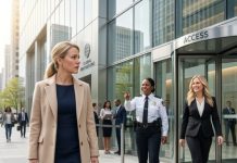 The security guard laughed at me at my husband’s company entrance and said, “I meet the CEO’s wife every day. You’re not her.” Then she pointed to a woman walking out and added, “That’s her.” My husband’s “wife.” I stood frozen for a second… then I smiled, because I suddenly realized I wasn’t dealing with a misunderstanding—I was dealing with a double life I was about to dismantle.