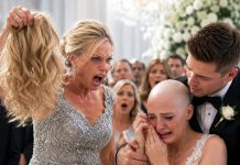 On our wedding day, my mother-in-law stormed down the aisle, pointed at me, and screamed, “She’s a liar!” Before I could react, she ripped off my wig, exposing my bald head after months of chemotherapy. I thought my world had ended as hundreds of guests stared in silence. Then my husband wrapped his arms around me and whispered, “I love you, and we’ll get through this together.” That was the moment my mother-in-law unknowingly destroyed her own future.