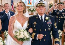 My father looked at the scars across my neck and shoulder, stepped away, and hissed, “I won’t walk a damaged woman down the aisle.” The chapel went silent as I fought back tears. Then the doors opened, and every uniformed guest rose. A four-star Navy admiral strode toward me, offered his arm, and said, “Your father may be ashamed of your scars, Lieutenant—but I know exactly how you earned them.”