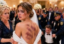At my daughter’s wedding, while fixing the zipper of her white dress, I saw dark bruises spreading across her back. My hands went cold. “What happened, sweetheart?” I whispered. She broke down, clutching my sleeve. “It was my husband… he said I belonged to him now.” I walked into the ballroom, stopped the vows, exposed the truth, and ruined the wedding—and his life.