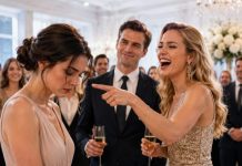 My sister raised her glass and laughed loud enough for the entire engagement party to hear. “Don’t mind her,” she said, pointing at my plain dress. “She’s the failure of the family.” Everyone laughed—until her fiancé looked at me, his face draining white. “Wait,” he whispered. “You’re the judge from my case?” I smiled for the first time that night… because he had just recognized me too late.