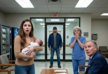 “Sign it now,” my father-in-law snapped. “You can’t raise that child alone.” I looked down at the papers, defeated—or at least that’s what they thought. Then the old nurse’s warning echoed in my mind. Ten o’clock arrived. A stranger walked into the hospital lobby. One look at him turned my blood cold. My dead husband’s face stared back at me. And before midnight, the entire conspiracy began to unravel.