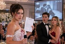 His ex deliberately poured red wine across my wedding dress, then burst into tears and accused me of humiliating her. Before I could explain, my groom slapped me hard. “Apologize to her now,” he ordered. I wiped the blood from my lip, walked to the projector, and played months of secret footage proving their affair. Then I lifted our prenuptial agreement and smiled. “You should have read the betrayal clause more carefully.”