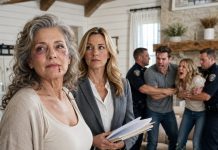 My daughter-in-law’s smile vanished the moment I said the farm money would be for my retirement. “You selfish old woman!” she shrieked, snatching the papers from my hand. My son burst through the door, his eyes wide with rage, and shoved me so hard my ribs broke from the impact on the table. As I lay gasping for breath on the floor, he whispered, “Mother, you should have listened to me.” Twenty minutes later, the police arrived—with my lawyer following behind.