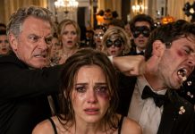 At the Halloween party, I walked in with one eye bruised black. My husband grinned and raised his glass. “I’m the one who taught her a lesson—now she doesn’t need a costume.” The room erupted in laughter, until my father stepped out from behind the masked guests, placed a sealed police file on the table, and whispered, “Laugh while you still can.” Then the ballroom doors locked.