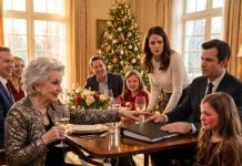 My mother-in-law raised her glass and smiled. “I’m proud of every grandchild… except one.” Then she pointed straight at my nine-year-old daughter while the entire room laughed. My little girl lowered her head, fighting back tears, but my husband calmly placed a thick folder on the Christmas table and whispered, “Go ahead… open it.” Five minutes later, nobody in that family could even look at each other.