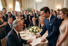 “The ballroom erupted in applause as my son celebrated his promotion, but then he placed a document in my hand and whispered, ‘Sign it, parasite.’ Eighty guests watched as he tried to erase his own father from the family legacy. I picked up the pen, looked him in the eyes, and said, ‘Don’t regret this.’ He laughed… until my lawyer walked in minutes later and revealed the truth he never knew.”