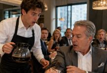 I was pouring coffee for the quiet billionaire when my hand slipped, soaking his sleeve. As he pulled it back, a strange tattoo appeared—and my heart stopped. It was identical to the one my mother had hidden for years. “Sir,” I whispered, trembling, “my mother has that exact mark.” His face turned deathly pale. Then he dropped to his knees and grabbed my wrist. “What is her name?” he demanded. My answer made him scream.