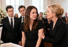 At my father’s funeral, my stepmother grabbed my arm before I could reach his coffin. “You don’t belong here,” she hissed. A week later, she blocked the door to the will reading and smiled. “Only named heirs are allowed inside.” I didn’t argue. I handed her lawyer a sealed file. He opened it, froze, and whispered, “This changes everything.” My stepmother’s face went white—because Dad had left one final secret behind.