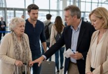 Grandma had paid $30,000 for our Europe trip, yet at the gate Dad shoved her suitcase back. “I forgot your ticket. Go home.” I saw Mom look away—and suddenly understood: they had planned this. “Then I’m staying too,” I said. Three weeks later, they returned laughing… until they saw me beside a silver-haired stranger. Dad dropped his passport. “That’s impossible,” he whispered. I smiled—because the man holding Grandma’s hand was the one secret they never expected to face…