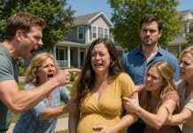 “My husband’s brother pointed at my belly and shouted, ‘She seduced me—the baby is mine!’ I turned to my husband, waiting for him to defend me. He didn’t. He spat at my feet while his mother cursed me and his sisters dragged me into the street. ‘You’ll regret this!’ I screamed. I vanished that night. Two years later, he saw my son and whispered, ‘Is that…?’ I smiled—and locked the door.”