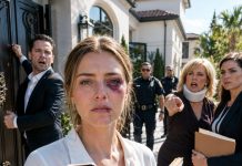 Mi suegra se dejó caer frente a mí y gritó: «¡Ella me empujó!». Antes de que pudiera defenderme, mi esposo me golpeó hasta dejarme el ojo morado. No lloré. Solo hice una llamada y abandoné la casa en silencio. A la mañana siguiente, él encontró las cerraduras cambiadas. «¿Qué demonios hiciste?», rugió. Sonreí al recordar lo que él había olvidado: aquella casa siempre había sido mía… y no era lo único que estaba a punto de perder.