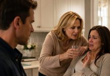 I came home three days early with roses for my pregnant wife, expecting tears of joy. Instead, I heard my mother whisper from the kitchen, “No one will believe an unstable pregnant woman—especially not my son.” Through the doorway, I saw my wife trembling beside a glass filled with crushed pills. My mother smiled as she raised it toward her lips… but she didn’t know I had already started recording.