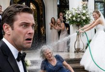 My mother arrived at my wedding wearing the only dress she owned. Before she could step inside, my bride blocked the entrance and blasted her with a garden hose. “Where did this filthy old woman come from?” she laughed. “Want to enter? Let me wash you first!” Her friends clapped as my mother collapsed, soaked and humiliated. I slowly removed my wedding ring. Then my mother grabbed my hand and whispered, “Son… don’t cancel the wedding yet. She doesn’t know who owns this entire estate.”