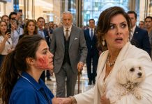 Nunca olvidaré el sonido de aquella bofetada. Solo le dije con educación: «Señora, las mascotas deben permanecer en la zona habilitada». Ella me agarró del cabello, me obligó a arrodillarme y gritó: «¡Pídele perdón a mi perro ahora mismo!». Mientras todos miraban en silencio, pensé que nadie me ayudaría… hasta que las puertas del centro comercial se abrieron y alguien apareció, haciendo que el rostro de aquella mujer se llenara de un miedo imposible de ocultar.