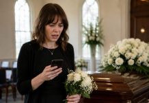 I stood alone beside my husband’s coffin, clutching the flowers his family should have brought. Then my phone lit up with a photo of them celebrating. “He was your son!” I shouted into the voicemail. “How could you party while I buried him alone?” At dawn, his mother appeared at my door, trembling, with a sealed envelope. “Your husband wasn’t who you thought,” she whispered. “Read this—and don’t call the police.”