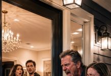 My daughter was crying against my shoulder when her husband slammed the door in our faces and killed the porch light. Through the window, I watched him kiss another woman in my own living room. “Go sleep in your car,” he laughed. Then the mistress turned, saw me, and dropped her champagne. “Dad?” she whispered. My son-in-law’s smile vanished—because he had just betrayed the one family powerful enough to bury him.
