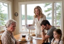 AT MY SUNDAY BREAKFAST, MY DAUGHTER-IN-LAW DEMANDED THE DEED TO MY LAKE HOUSE IN FRONT OF MY 9-YEAR-OLD GRANDDAUGHTER. WHEN I REFUSED, SHE SLAPPED ME SO HARD MY HEARING AID FLEW ACROSS THE FLOOR. I MADE TWO PHONE CALLS. 38 MINUTES LATER, A WOMAN WALKED UP MY PORCH STEPS AND WHEN MY SON SAW WHO IT WAS HE STARTED TO CRY. – True Story –