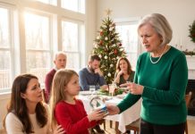 The Christmas dinner died the second my mother-in-law pointed at my six-year-old daughter and hissed, “Children from Mommy’s cheating don’t get to call me Grandma.” She tossed aside the handmade gift my little girl had proudly made, smiling like she’d won. Then my eight-year-old son slowly stood up, looked her in the eyes, and whispered, “Grandma… I think you’re the one living a lie.” The silence that followed changed every life forever.