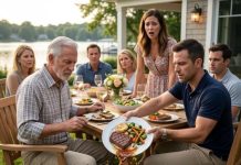 My son-in-law pushed my steak onto the ground and laughed, “It’s just food, old man. Pick it up and keep eating.” Everyone watched me stay silent. Then I picked up his phone and dropped it into the pool. “It’s just a phone. Pick it up and keep calling.” My daughter screamed, but they didn’t know I had already discovered the secret he was hiding.