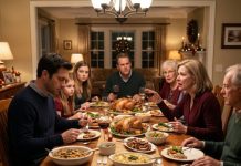 For ten years, my mother told everyone I abandoned her. At Thanksgiving dinner, she raised her glass and said, “Some children forget the people who raised them.” Everyone stared at me like I was the villain. I quietly placed my fork down, walked to the front door, and said, “There’s someone here.” When the person behind me stepped inside, my mother’s face turned pale—because the truth she buried for a decade had finally arrived.