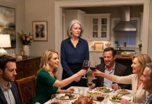 My daughter-in-law raised her glass to her mother and smiled like she owned my home. Then she turned to me and said, “You can wash the dishes now.” Everyone laughed—my own son didn’t even look at me. I walked into the kitchen, took off my apron, and disappeared through the back door. By the time they realized I wasn’t at the sink anymore, the police lights were already flashing outside.